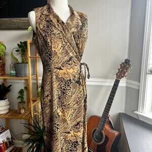 Vintage 90s Maxi Dress Tan & Black Snakeskin Pattern Wrap Dress Maxi Size Small